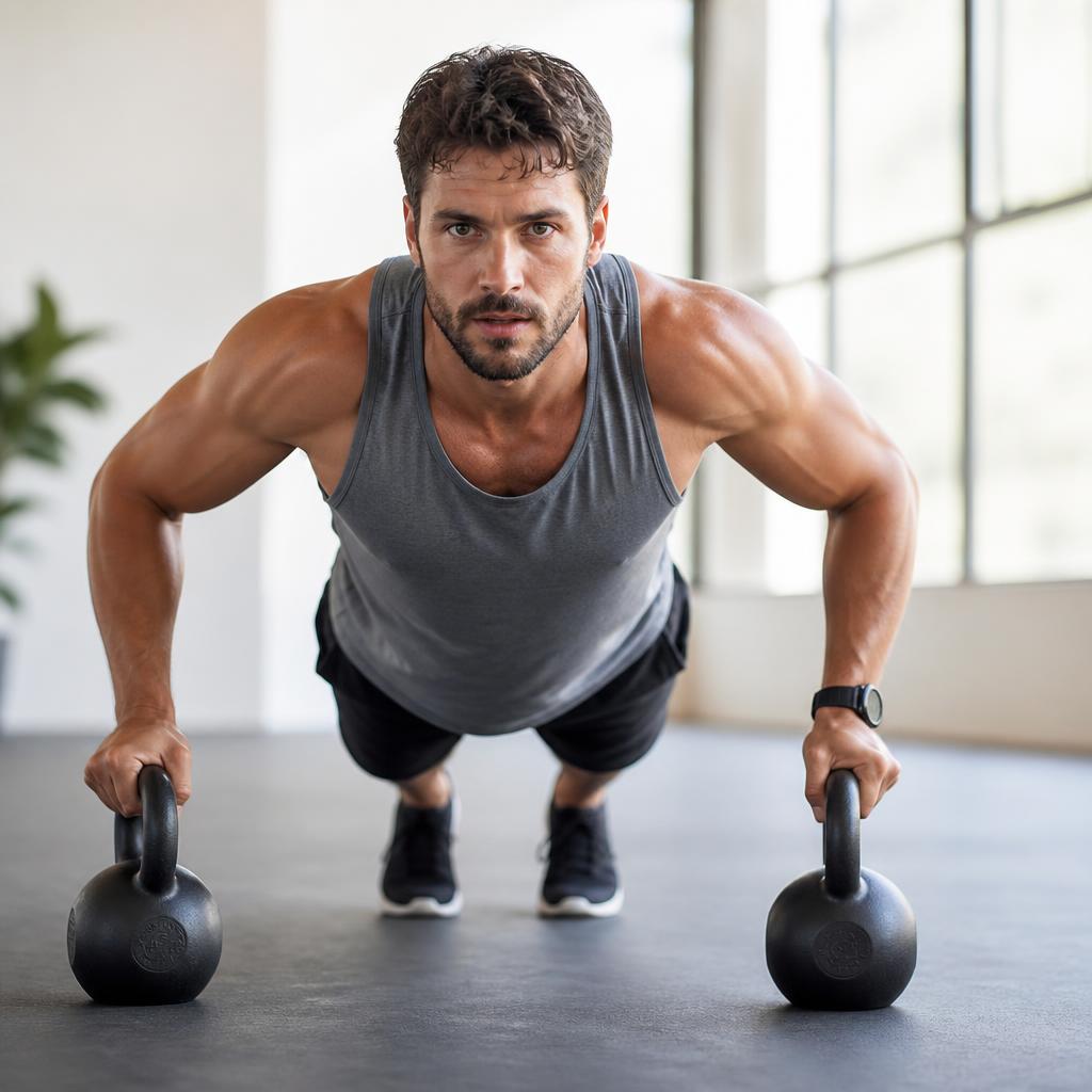 Fit man training with kettlebells